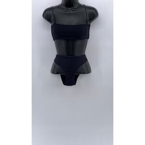 COS Women's Dark Blue Ribbed Straight-Neck Bandeau High-Rise 2-pc Bikini SZ S